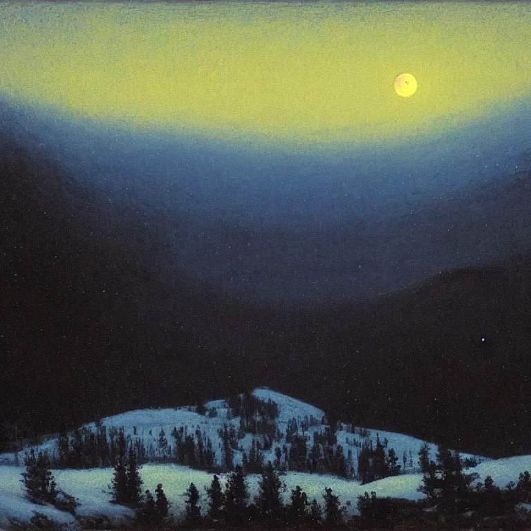 Image similar to new hampshire, mountains, winter, night, moon light, luminous, arkhip kuindzhi, glaze oil painting