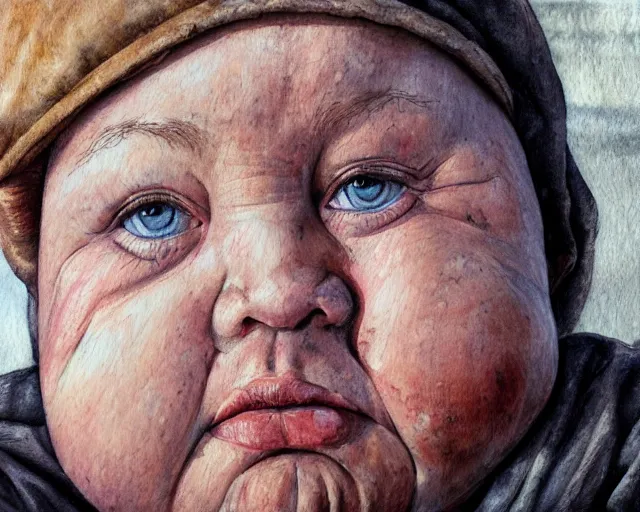 Prompt: an innocent and beautiful scene in hyper realistic style, watercolor and pen oily drawing on wood, of a fat old woman is sculpting a huge baby's head on the wall, lighting from the barred window. shadows. 4 k. wide angle. wild mood. red mouth, blue eyes. deep focus, lovely scene. ambient occlusion render. unreal engine.