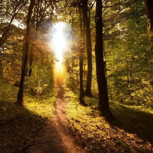 Image similar to woodland path golden hour wide angle, between the trees on the left is a portal to another land with bright sunlight inside, a silhouette of a humanoid stands in the portal, highly textured, adventurous