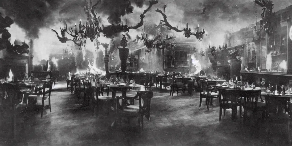 Image similar to the interior of a luxury restaurant that is burning while monsters appear in the background, 1 9 0 0 s photograph