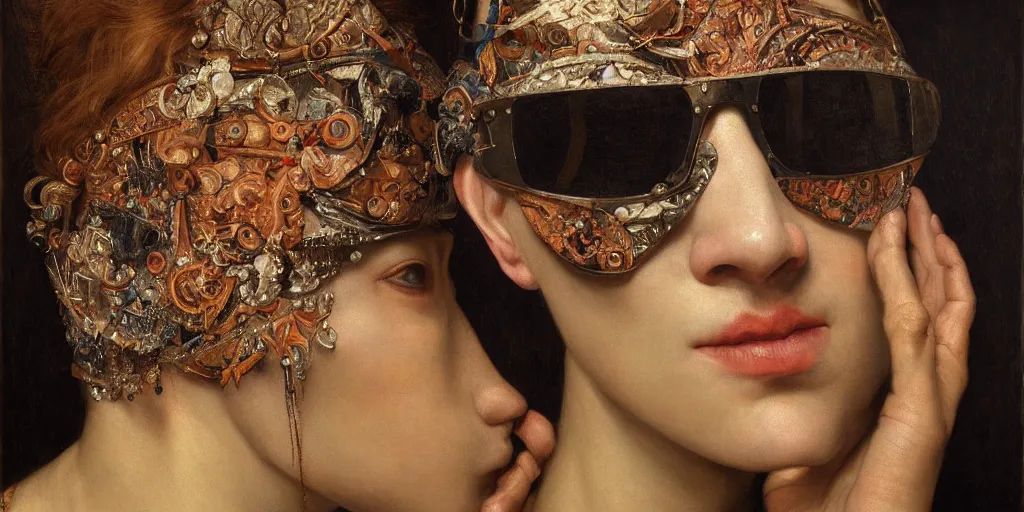 Prompt: close - up portrait of a beautiful woman wearing sunglasses and a balaclava with intricate psychodelic patterns, by edgar maxence and caravaggio and michael whelan and delacroix style, artistic, intricate drawing, light brazen, realistic fantasy, extremely detailed and beautiful aesthetic face, establishing shot, 8 k resolution, dramatic lighting