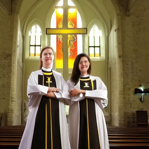 Prompt: two identical female priests standing across from each other in a beautiful church, clean digital art, upscaled