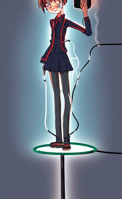 Image similar to Android wearing a school uniform, smoking a cigarette while standing on street corner lit by a neon sign”, full body shot, Digital art, detailed, anime