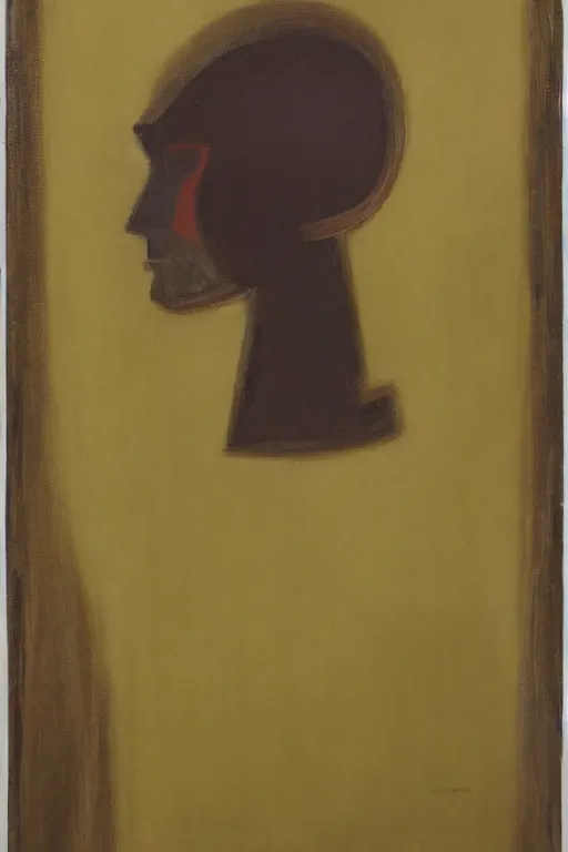 Prompt: Abstract. Minimalism. Portrait of a cyborg woman. 1920. Oil on panel