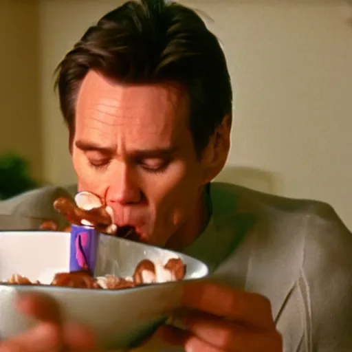 Prompt: a cinematic shot of Jim Carrey eating from a bowl of cereal, film grain, 8k