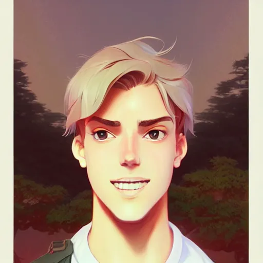 Image similar to young man with short, ash blond greyish hair, light brown eyes, path traced, highly detailed, high quality, digital painting, by don bluth and ross tran and studio ghibli and alphonse mucha, sylvain sarrailh