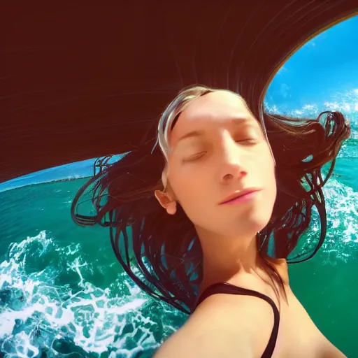 Image similar to selfie!!!!! of a woman with gorgeous hair flowing in the wind, in the middle of the ocean!!!!!, first - person view, fisheye!!!!! lens!!!!!, photorealistic image, trending on artstation, 4 k, 8 k