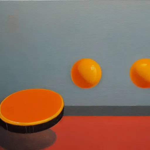 Prompt: Due gatti giocano a ping pong su sfondo arancione, oil painting