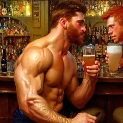 Image similar to attractive muscular mike with ginger hair with muscular attractive tyler with brunet hair, drinking their hearts out, in a pub. very defined and highly detailed painting by gaston bussiere, j. c. leyendecker, craig mullins 8 k