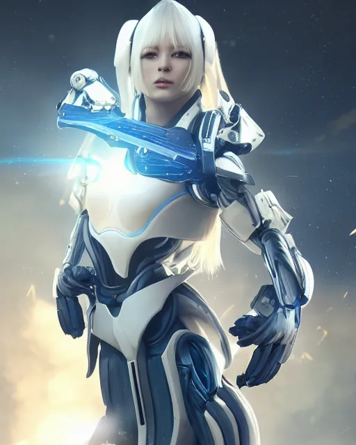 Image similar to perfect android girl on a mothership, warframe armor, beautiful face, scifi, futuristic, galaxy, nebula, raytracing, dreamy, long white hair, blue cyborg eyes, sharp focus, cinematic lighting, highly detailed, artstation, divine, by gauthier leblanc, kazuya takahashi, huifeng huang