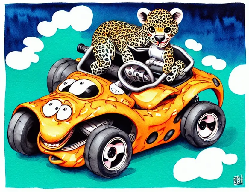 Image similar to cute and funny, baby leopard riding in a tiny go kart with oversized engine, ratfink style by ed roth, centered award winning watercolor pen illustration, isometric illustration by chihiro iwasaki, edited by range murata, tiny details by artgerm and watercolor girl, symmetrically isometrically centered