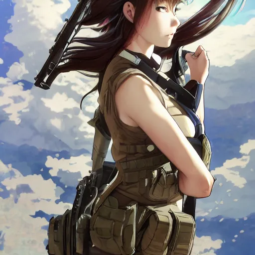 Image similar to soldier girl, anime style, long hair, hair down, symmetrical facial features, girls frontline cg, hyper realistic, pale skin, 4 k, rule of thirds, extreme detail, detailed drawing, trending artstation, hd, backpack, d & d, realistic anatomy, by alphonse mucha, greg rutkowski, sharp focus, backlit