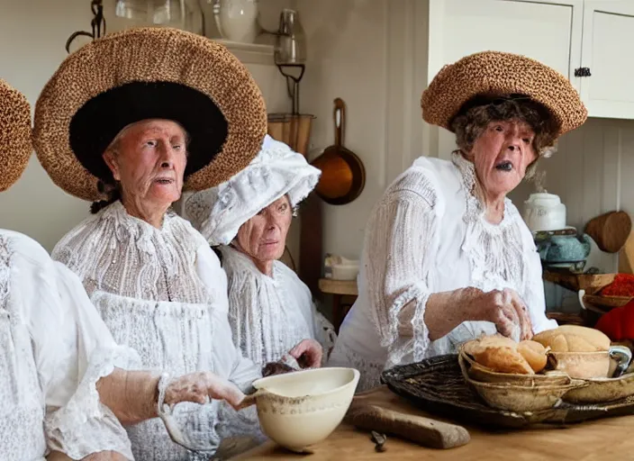 Image similar to close up of three old women from brittany with hats in white lace and dark folk costumes in a kitchen. they look visibly angry