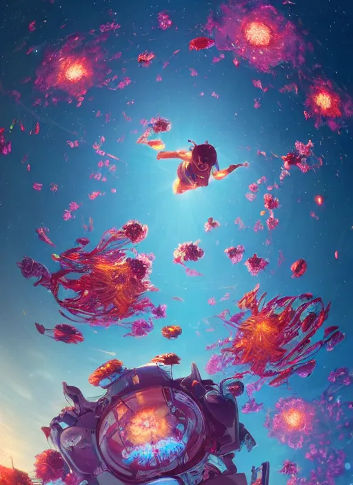 Prompt: An epic fantastic realism comic book style painting of the most beautiful flowers launched into space, bouquets hurdling toward the nearest star, fisheye lens, unreal 5, DAZ, hyperrealistic, octane render, dynamic lighting