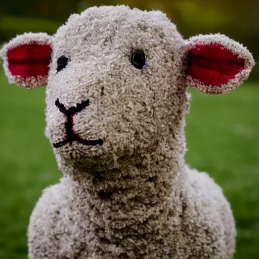 Image similar to bipedal lamb wearing a sweater, portrait photo, movie still,