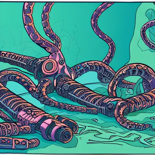 Image similar to detailed, intricate, colour, comic style illustration of a robotic hydra with jack cable tentacles, inside a huge cave made of pro audio equipment