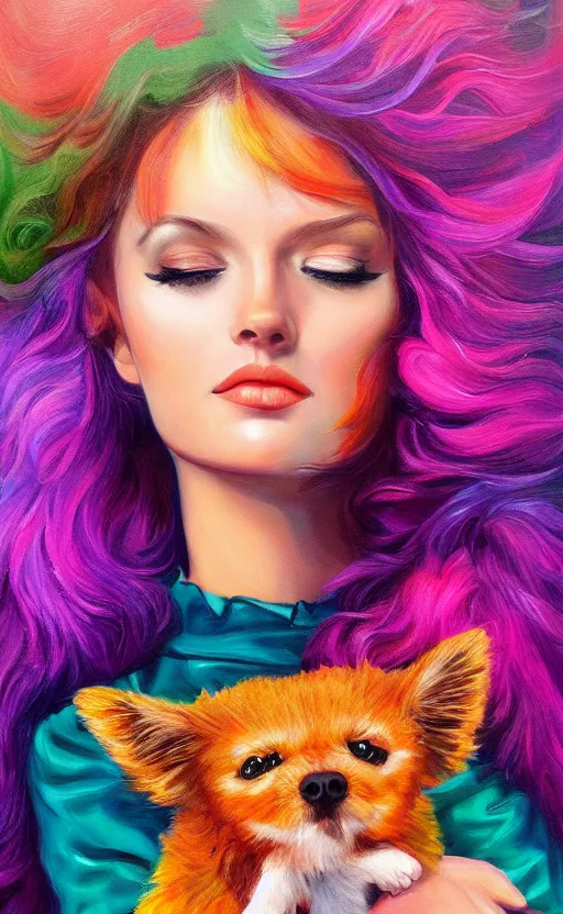 Prompt: amazing beautiful and very detailed painting of a beautiful woman holding a cute animal. vibrant colors, very funny, personal, positive, visually pleasing and engaging. high resolution. high quality. hq hd. trending on artstation.