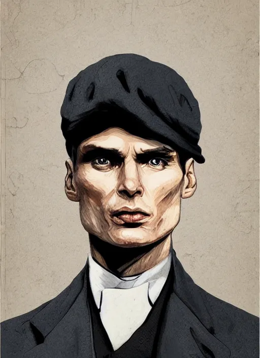 Prompt: Tommy Shelby from Peaky Blinders, Cillian Murphy closeup portrait. flat cap. manga. gritty. Hoshino Yukinobu, Saito Takao, Hoshino Yukinobu