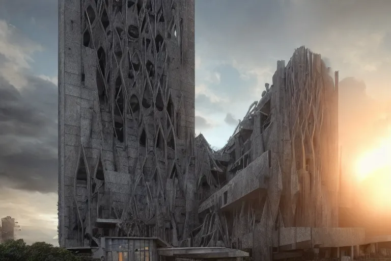 Image similar to extremely detailed cathedral of brutalist architecture, buildings covered with greebles, stunning volumetric light, sunset, metal, concrete and translucent material, stunning skies, majestic landscape, trending on Artstation, 8k, photorealistic, hyper detailed, unreal engine 5, IMAX quality, cinematic, epic lighting, in the style of Greg Rutkowski