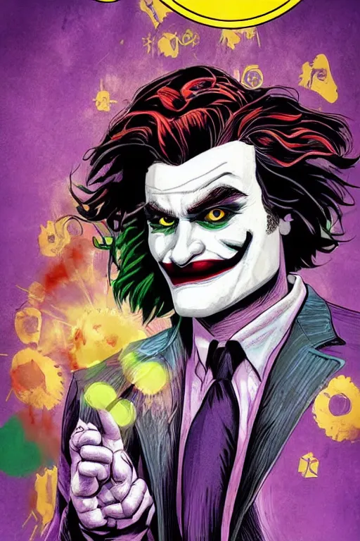 Prompt: joaquin phoenix joker cover comic book by dc comics, without duplicated content!!!!, violet polsangi pop art, gta chinatown wars art style, bioshock infinite art style, incrinate, realistic anatomy, hyperrealistic, 2 color, white frame, content balance proportion