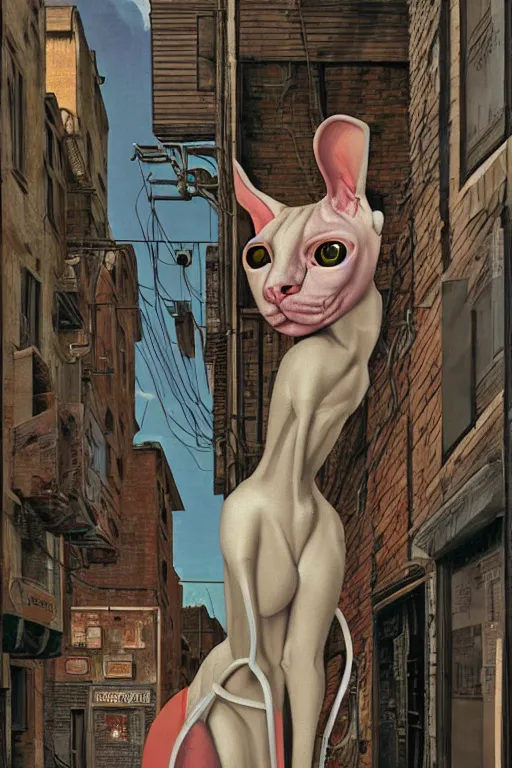 Prompt: a robotic sphynx cat!!, in a cyberpunk alleyway by sandro botticelli