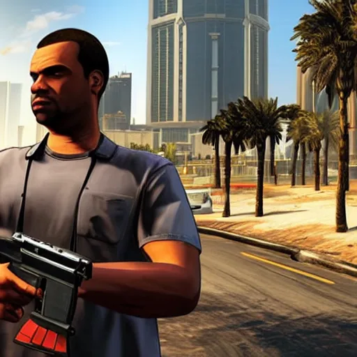 Prompt: promotional screenshot of grand theft auto videogame set in dubai