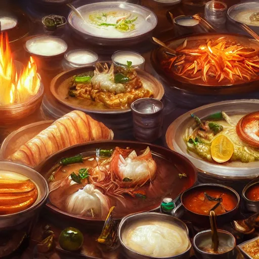 Prompt: A close up shot of a table-spread of amazing food hot and fresh and steaming, ultra high detailed, oil painting, Greg Rutkowski, Charlie Bowater, Yuumei, Yanjun Cheng, unreal 5, DAZ, hyperrealistic, octane render, RPG portrait, dynamic lighting, fantasy art, beautiful