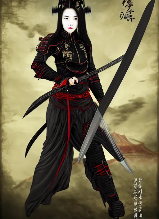 Image similar to female vampire jinyiwei wearing black heavy armor and wielding a nodachi, jinyiwei, embroidered uniform guard, chinese armor, historical armor, nodachi, japanese great sword, ming dynasty, chinese fantasy, detailed, realistic, anatomically accurate, in the style of ghostblade, wlop.