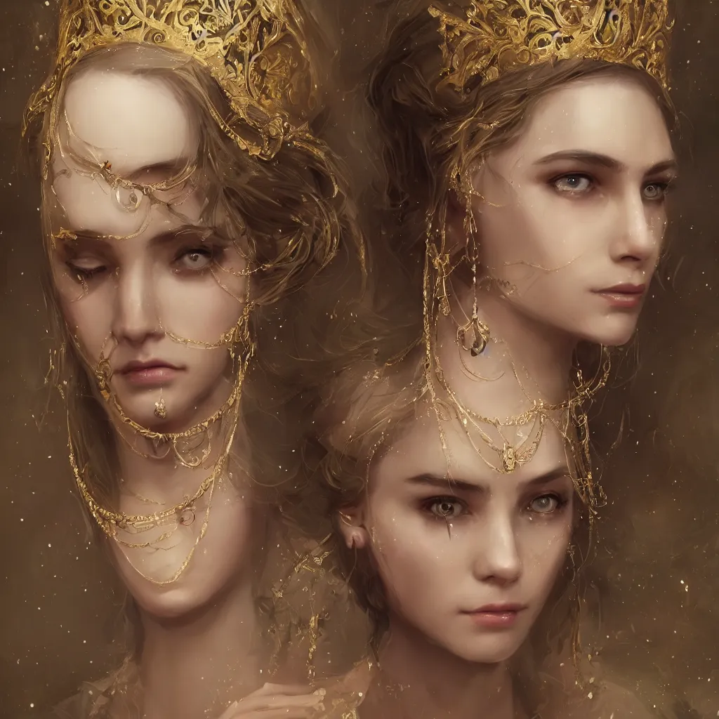 Image similar to realistic character concept, young princess with lots of jewelry in the face, elegant pose, scifi, illustration, slender symmetrical face and body, artstation, cinematic lighting, hyperdetailed, cgsociety, 8 k, high resolution, charlie bowater, tom bagshaw, single face, insanely detailed and intricate, beautiful, elegant, golden ratio, dark fractal background, vfx, postprocessing