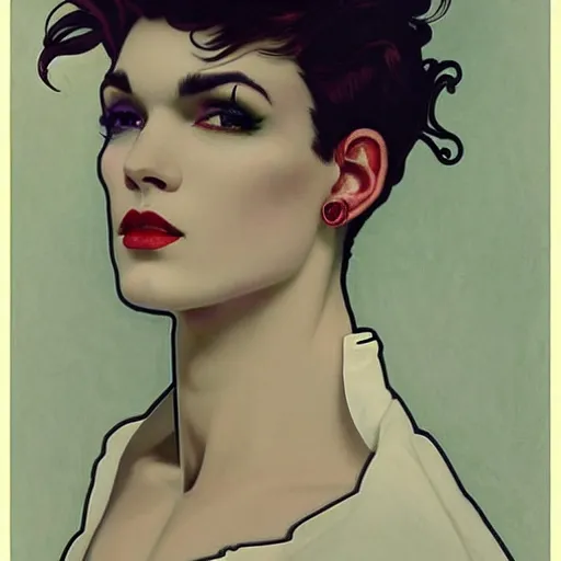 Image similar to beautiful portrait of androgynous ruby rose as desire from sandman in a white tuxedo!!!, rockabilly style,, by alphonse mucha, by jeremy mann, by peter lindbergh, cedric peyravernay, by frank moth, white suit and black tie, soft lightning, high detailed, 8 k