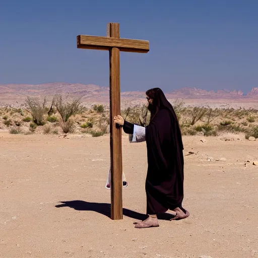 Image similar to paparazzi following around jesus christ while he is carrying a cross in the desert, 8 k photography,