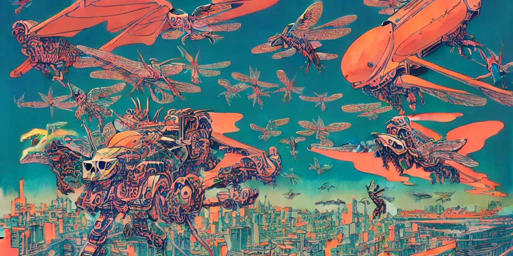 Prompt: risograph rendition, gigantic mecha arzach birds with dragonflies, tiny rats, a lot of exotic animals around, big human faces everywhere, helicopters and tremendous birds, by satoshi kon and moebius, matte colors, surreal psychedelic design, crispy, super - detailed, a lot of tiny details, fullshot