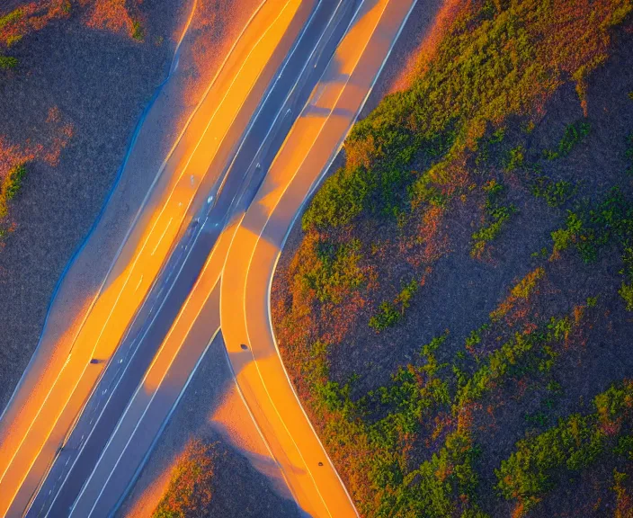 Image similar to 4 k hd, high detail photograph of a highway on the coast at sunset, shot with sigma f / 4. 2, 2 5 0 mm sharp lens, wide shot, consistent, isometric view, volumetric lighting, high level texture render