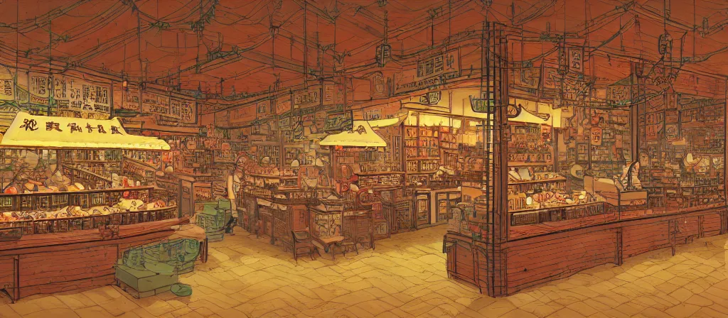 Image similar to a beautiful simple 4 k hd wallpaper illustration of interior view display of the corner of roasted string hotpot shop, simple style, from china, with merchant logo, simple structure, surrealistic, chinese style, victo ngai, james jean, denoise, deblurring