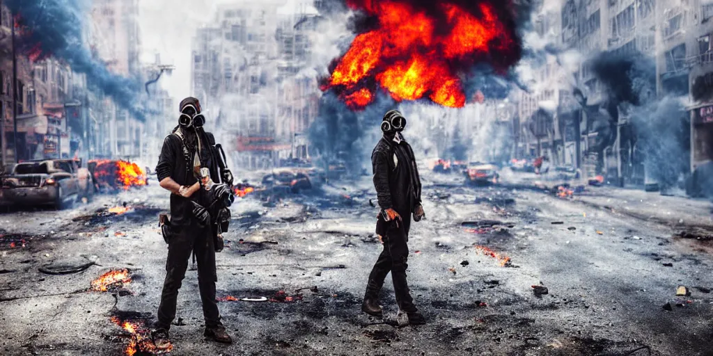 Image similar to post - apocalyptic city streets, close - up shot of an anarchist with a gasmask, burning cars, explosions, colorful smoke, hyperrealistic, gritty, damaged, dark, urban photography, photorealistic, high details