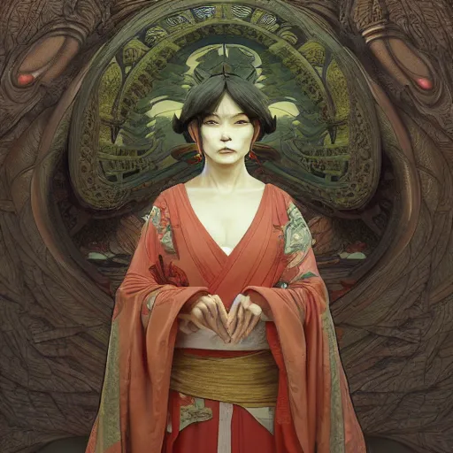 Image similar to painting of a yokai temple, intricate, elegant, highly detailed, digital painting, artstation, concept art, smooth, sharp focus, illustration, art by artgerm and greg rutkowski and alphonse mucha and william - adolphe bouguereau