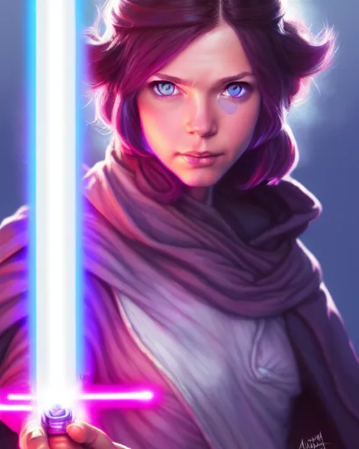 Prompt: gorgeous blue eyed brunette girl!! pink lightsaber! jedi, fire emblem, art by artgerm and greg rutkowski and magali villeneuve, portrait, d & d, fantasy, highly detailed, digital painting, trending on artstation, concept art, sharp focus, illustration