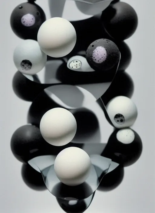 Prompt: realistic object photo of ping pong balls sculpture with molecule made of eyeballs, black cloud made of caviar, readymade, dadaism, fluxus, man ray 1 9 9 0, life magazine photo