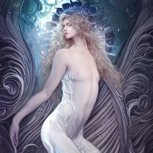 Image similar to a photograpic portrait of a anthropomorphic bioluminescent water wave wearing white clothes, fantasy, intricate, elegant, highly detailed, digital painting, artstation, concept art, smooth, sharp focus, illustration, art by artgerm and H R Giger and alphonse mucha