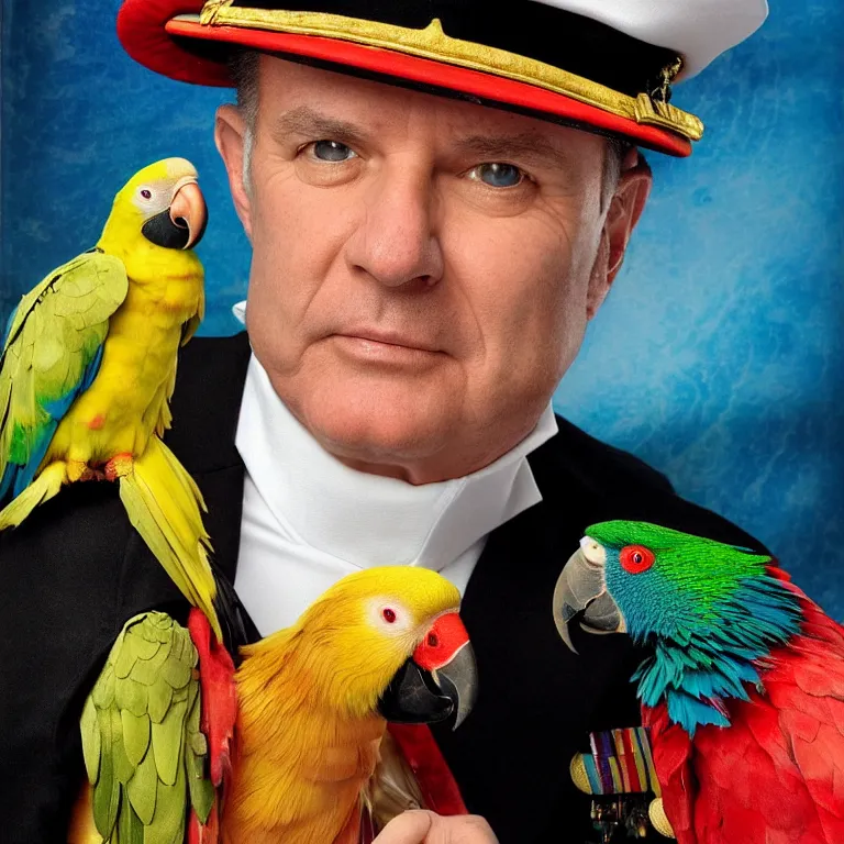 Image similar to close - up octane render portrait by wayne barlow and carlo crivelli and glenn fabry, an extremely elegant bold stern well - dressed admiral in a very powerful uniform, holding a colorful parrot, inside a colorful highly - themed nautical bar, very short depth of field, bokeh