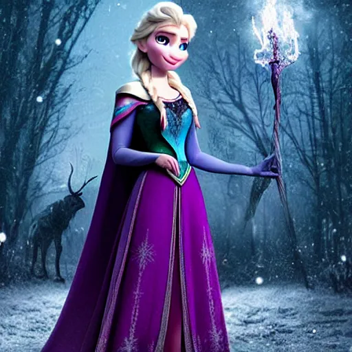 Image similar to photo of Elsa from Frozen as a witch in Hogwarts from Harry Potter, wearing the Griffyndor attire, dramatic lighting