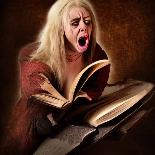 Image similar to enraged witch tearing her own book while screaming in frustration, comedy, fantasy, D&D, HDR, natural light, dynamic pose, award winning photograph, 8k, Mucha style,