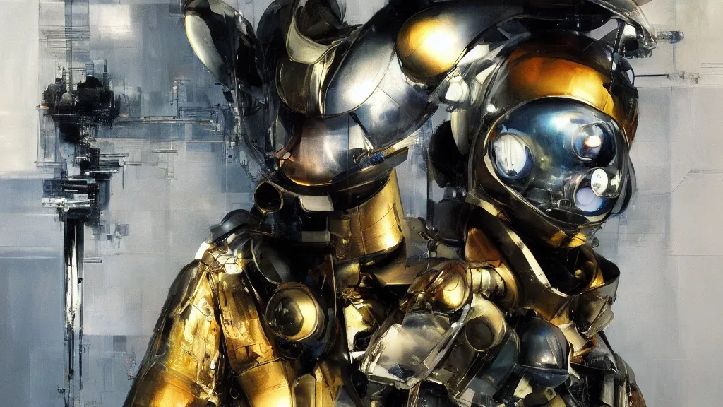 Image similar to a portrait of cyber - dog of sci fi metallic human by yoji shinkawa bright eyes, melancholic complex geometric figure liminal machinery by oskar schlemmer, moebius, john berkey, film grain, oil on canvas, portrait facial head, featured on artstation, hd wallpaper, 8 k