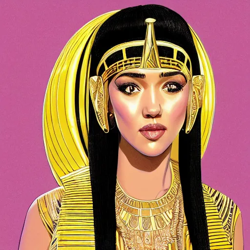 Image similar to Jessica alba as Cleopatra, Queen of the Nile, fresh from a purity bath filled with her servants, with perfect skin, radiant complexion, in only a light silk robe and adorned with Egyptian gold, highly detailed, digital painting, artstation, concept art, smooth, sharp focus, illustration, art by Alberto Vargas in the style of Patrick Nagel