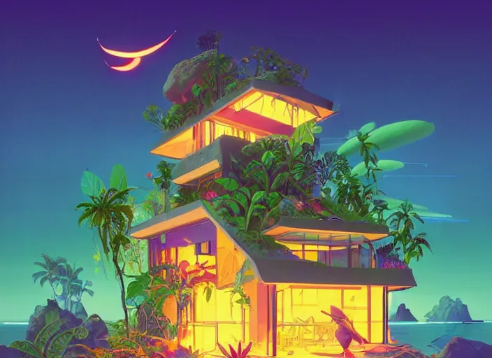 Image similar to a luminescent tropical cottage by paolo eleuteri serpieri and tomer hanuka and chesley bonestell and daniel merriam and tomokazu matsuyama, unreal engine, high resolution render, featured on artstation, octane, 8 k, highly intricate details, vivid colors, vector illustration