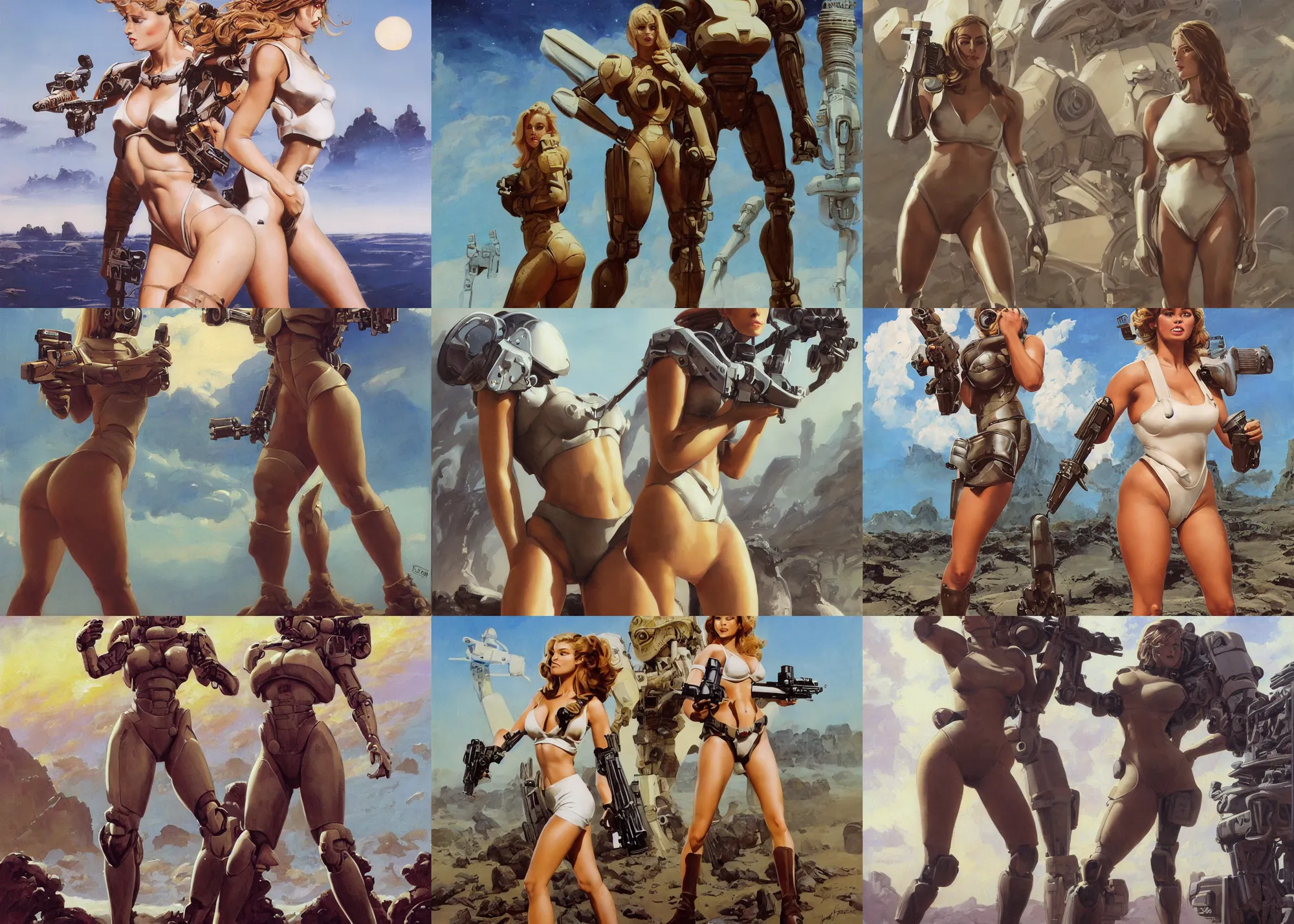 Image similar to A mixed media portrait painting of a very beautiful light-brown-haired woman on an alien planet, very curvy, aesthetic! high-waisted white-bikini-armor and boots, starship-troopers-rifle, aesthetic symmetrical face and eyes, model, wet, pacific-rim-mech in background, by Frank Frazetta, Boris Vallejo, Beeple, Greg Rutkowski, Christian MacNevin, eighties pinup style, epic fantasy character art, high fantasy, CGsociety, exquisite detail, post-processing, masterpiece, cinematic