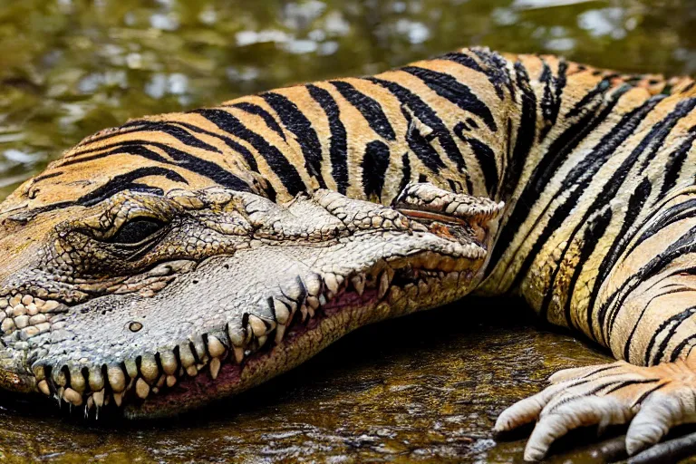 Image similar to an alligator tiger!!! hybrid! hyper realistic!! realistic lighting!! wildlife photographer of the year!!! bold natural colors, national geographic, hd, wide angle, 8 k