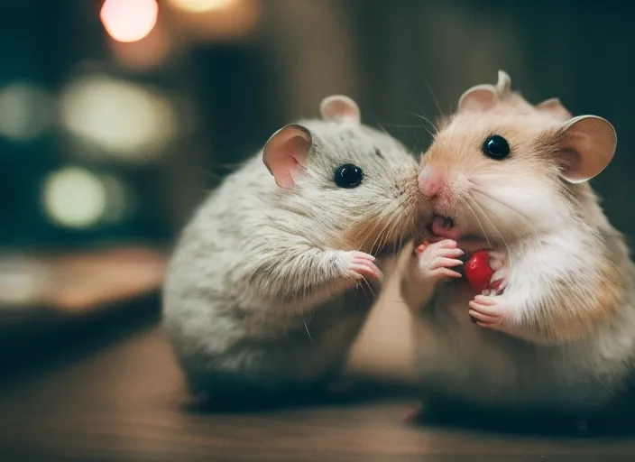 Image similar to photo of a hamsters kissing!!!!, at night, romantic, faded colors, candlelit restaurant table, cinematic color grading, various poses, soft light, well framed, sharp focus, 8 k