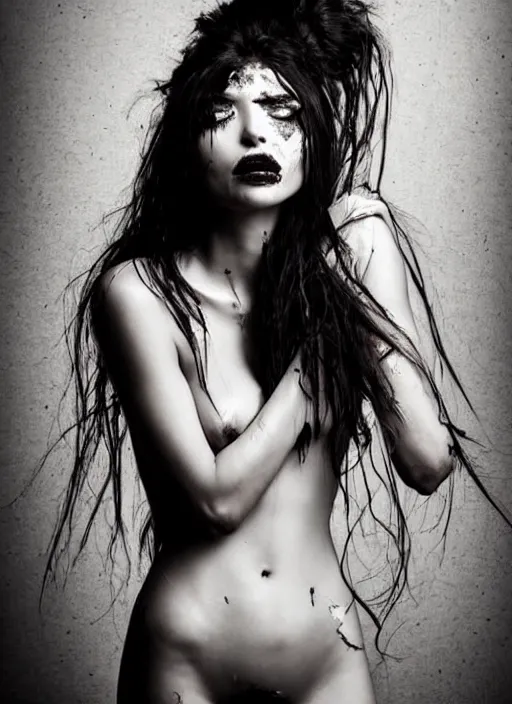 Image similar to astonishingly beautiful woman in tattered clothes revealing body, black hair, make up, black & white