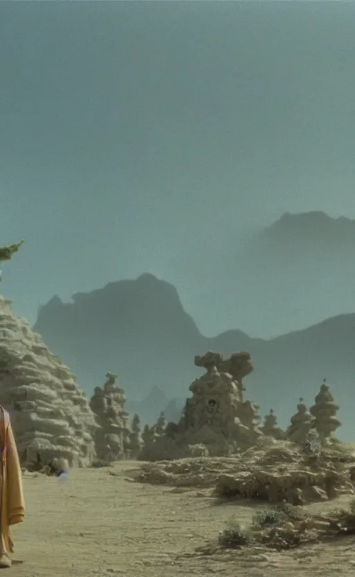 Prompt: a movie still from a studio ghibli movie showing a highly detailed landscape with a giant living buddha walking through the desert. 1 9 8 0's science fiction, 1 9 7 0's science fiction, misty, depth perception, 4 k